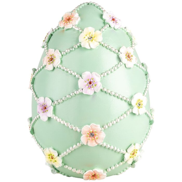 Clayre & Eef Oeuf déco Vert Blanc Ø 16x21 cm Polyrésine Fleurs Perles