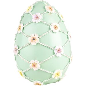 Clayre & Eef Oeuf déco Vert Blanc Ø 16x21 cm Polyrésine Fleurs Perles