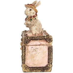 Clayre & Eef Boîte à décorer Figurine de lapin Polyrésine Beige Rose Or 12x8x16 cm