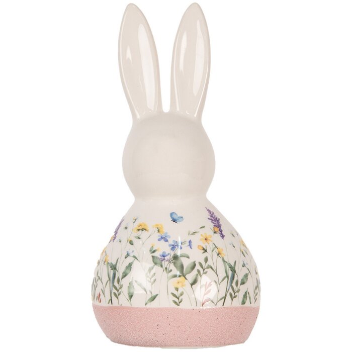 Clayre & Eef Lapin décoratif style campagne Figurine en céramique blanche rose 9x8x18 cm