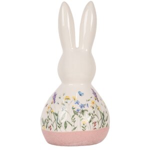 Clayre & Eef Lapin décoratif style campagne Figurine en céramique blanche rose 9x8x18 cm