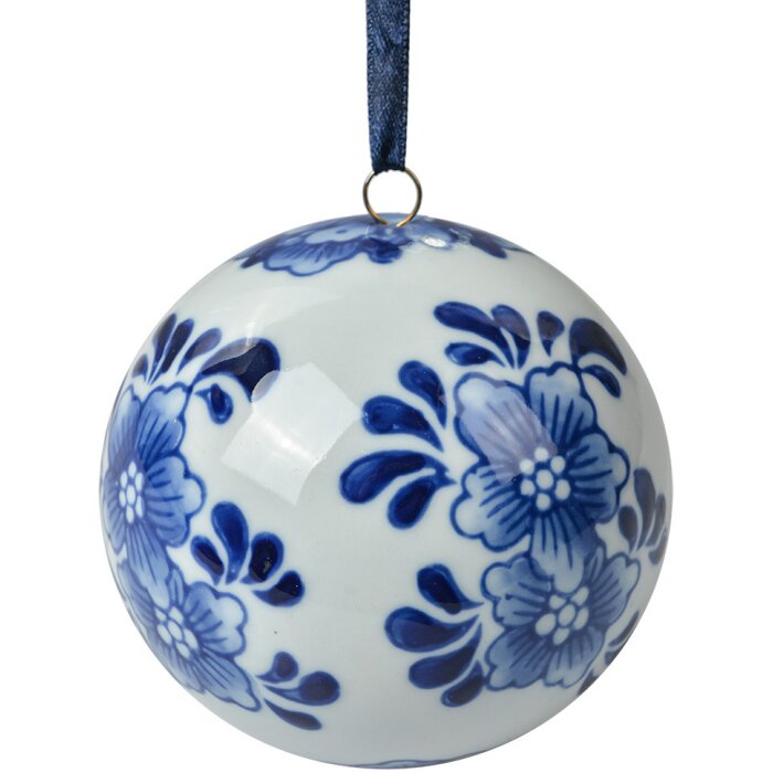 Clayre & Eef Décoration Boule Ø 8 cm Blanc Bleu Céramique avec suspension