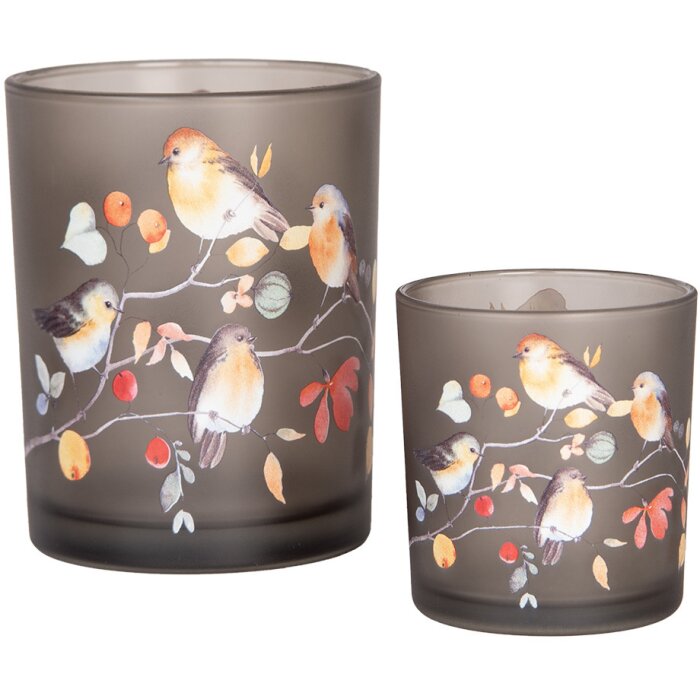 Clayre & Eef 6GL4954 Porte-bougies à chauffe-plat Set Gris Verre Motif oiseau 7x8 cm 10x13 cm