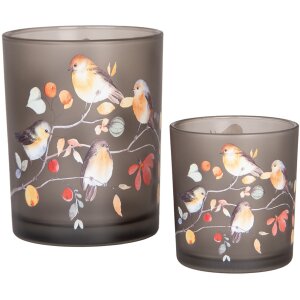 Clayre & Eef 6GL4954 Porte-bougies à chauffe-plat Set Gris Verre Motif oiseau 7x8 cm 10x13 cm