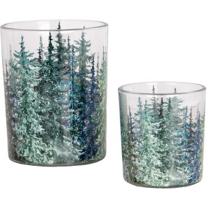 Clayre & Eef 6GL4958 Porte-bougies à chauffe-plat Set 2 Vert Forêt de sapins Ø 7x8 10x13 cm