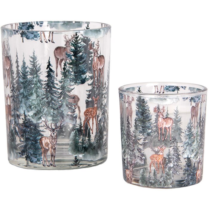 Clayre & Eef 6GL4960 Porte-bougies à chauffe-plat Motif forêt Verre style campagnard 2 pièces