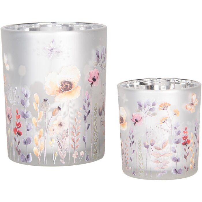 Clayre & Eef 6GL4982 Porte-bougies à chauffe-plat Set 2pcs Verre Gris Tons Jaunes Floral