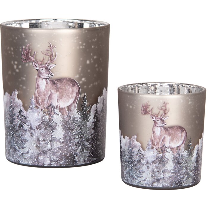 Clayre & Eef 6GL4984 Porte-bougies à chauffe-plat en verre Motif cerf Gris Marron Lot de 2