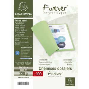 Paquet de 100 chemises en carton recyclé 250g Foldyne Forever, pour format A4 vert tilleul