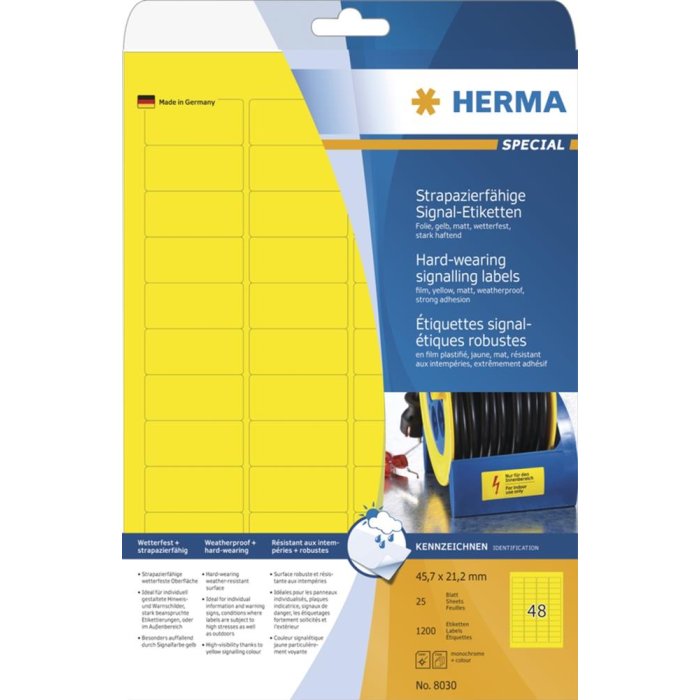 Étiquettes de signalisation HERMA résistantes A4 45,7x21,2 mm jaunes très adhésives film mat résistant aux intempéries 1200 pcs.