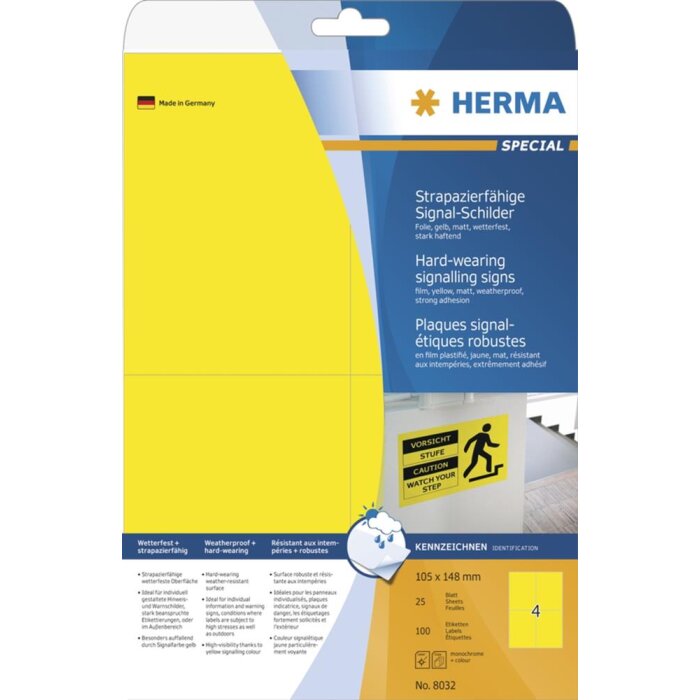 HERMA Étiquettes de signalisation résistantes A4 105x148 mm jaune fortement adhésives film mat résistant aux intempéries 100 pcs.