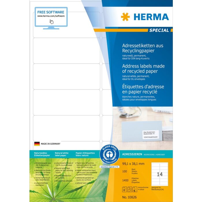 Étiquettes dadresse HERMA A4 blanc nature 99,1x38,1 mm papier recyclé mat avec certificat Ange bleu 1400 pcs.