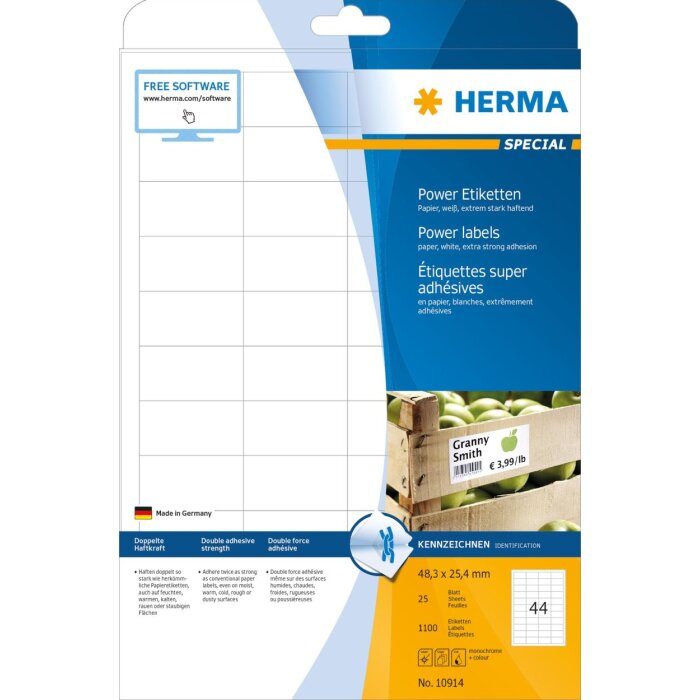 Étiquettes HERMA A4 blanches 48,3x25,4 mm extrêmement adhésives papier mat 1100 pcs.